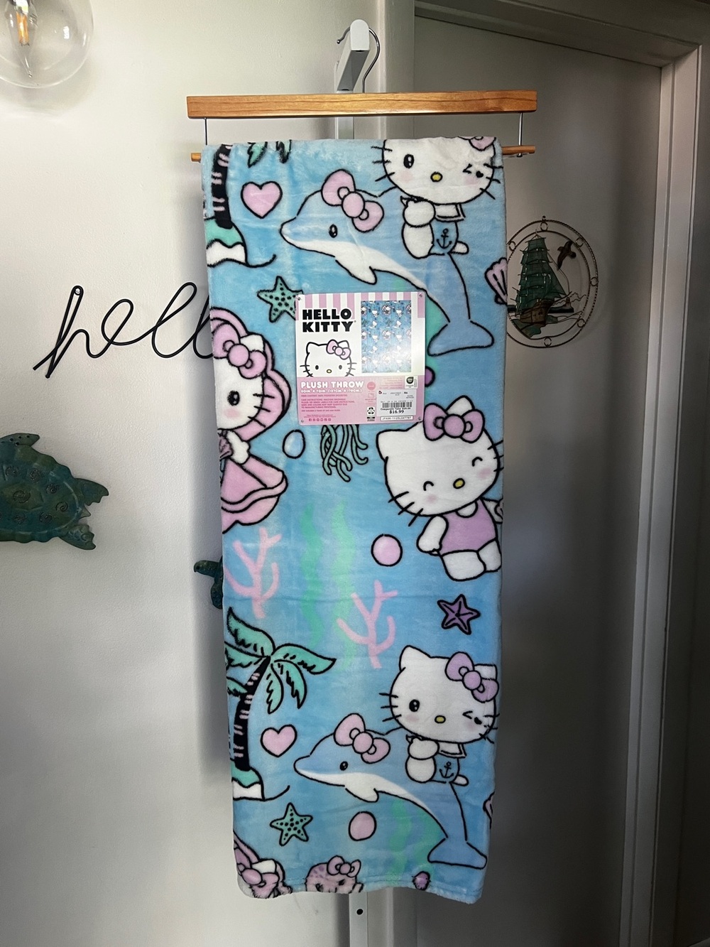 NEW Hello Kitty Mermaid Dolphin Jellyfish Throw Blanket 50”x70” Blue Pink